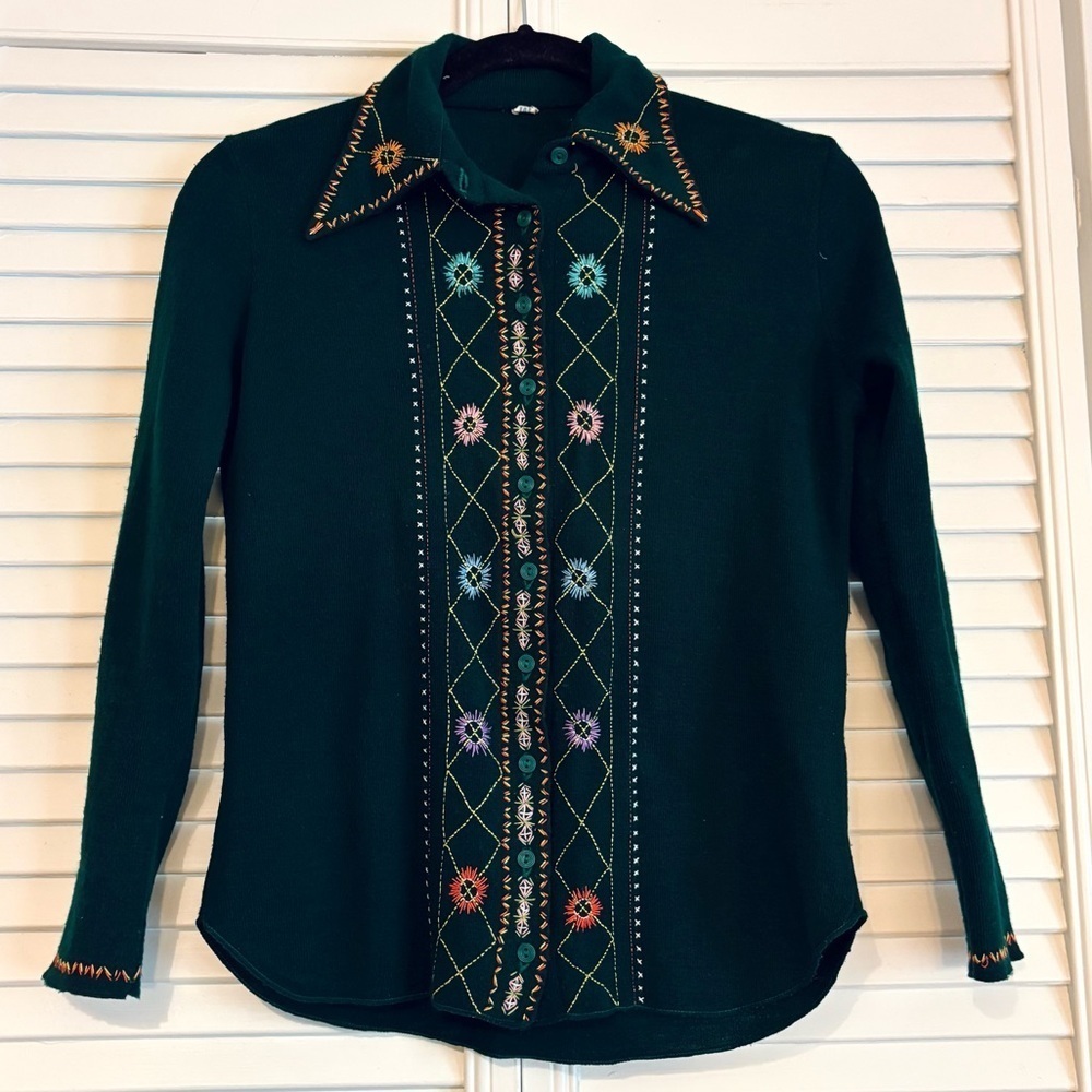 Vintage 1970s Embroidered Dark Green Cardigan Sweater Retro 70s Artisan